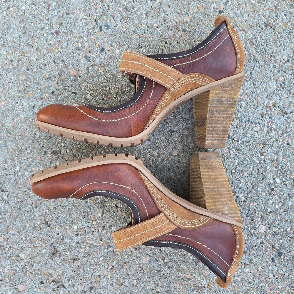 Timberland Brown Tan Leather Earth Keepers Chauncey Mary Jane Buckled Heels - Picture 5 of 10